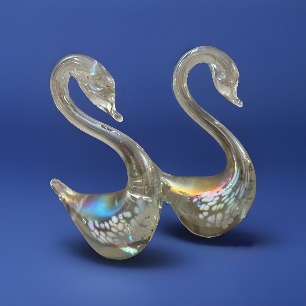 2 Vintage Iridescent Clear Glass Swan Figurine -5.5"Tall‎